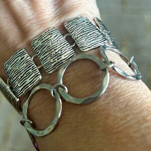 Trendy Set of 2 silvertone round & rectangle shape link bracelets toggle closure